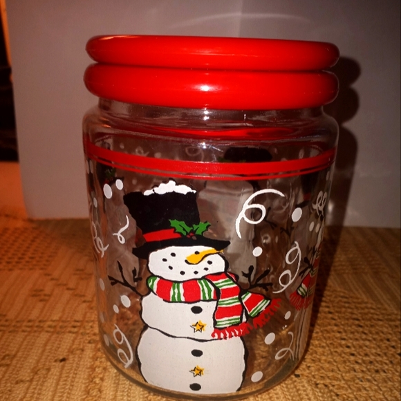 Vintage KIG Indonesia Glass jar with plastic lid snowman design - Picture 1 of 6